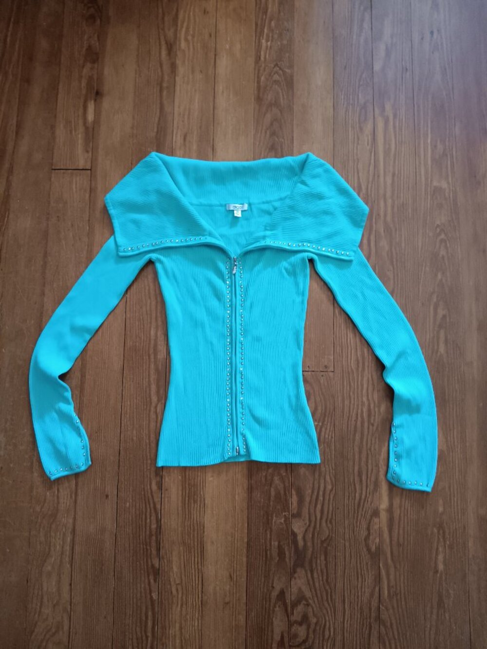 Iconic Cache double zip sweater rhinestones mint green XS Gabriella Solis FLAWS - Picture 2 of 11